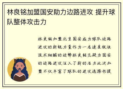 林良铭加盟国安助力边路进攻 提升球队整体攻击力